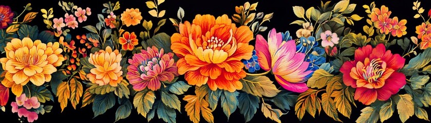 Vibrant floral pattern with assorted flowers, dark background, decorative design.