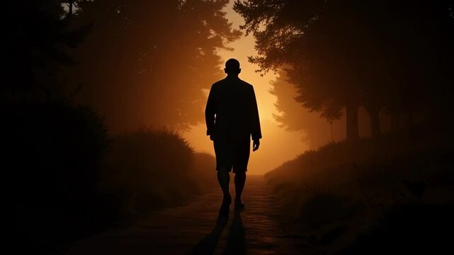 Silhouette of a Penitent Son Walking Towards a Distant Light Homecoming Story 4K Footage