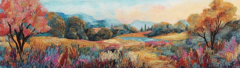 Vibrant landscape with colorful trees and serene water under a soft sky.