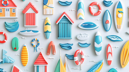 Hyper-detailed 3D pattern of summer beach huts, surfboards, lifebuoys, and sailboats, playful boho doodles, seamless repeat, vector ornament