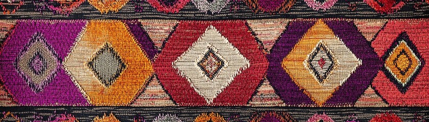 Vibrant geometric pattern on a traditional woven textile, intricate design.