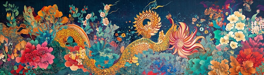 Vibrant mural featuring mythical creatures and colorful floral elements.