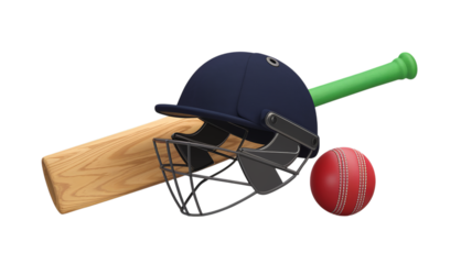 3D Cricket Equipment Set with Bat, Helmet, and Ball on transparent Background