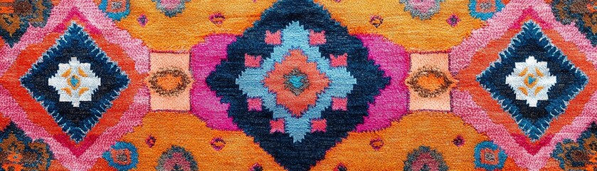 Vibrant patterned textile with geometric designs and bold colors.