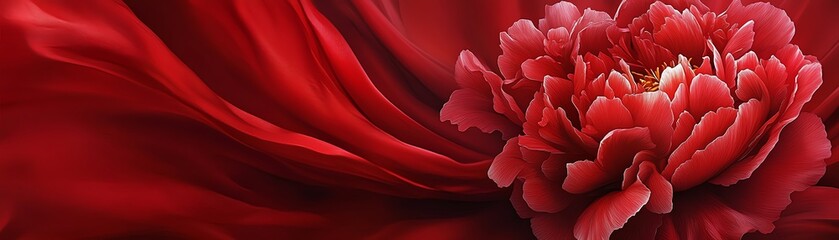 Vibrant red peony flower with silky petals on a flowing crimson background.