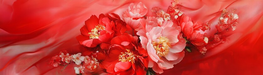 Vibrant red and pink flowers against a soft, flowing background.