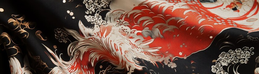 Vibrant silk fabric featuring traditional Japanese dragon design, rich colors and textures.