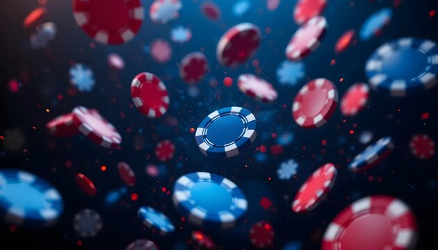 Casino poker chips falling in a gambling background concept