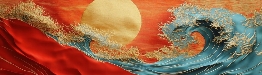 Vibrant wave art with bold colors and a sun backdrop, showcasing traditional Japanese styles.
