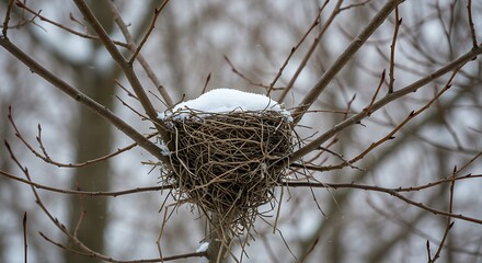 Bird Nest with Snow in Winter
