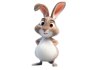 Cute 3D cartoon rabbit with big eyes standing upright and smiling.