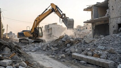Fototapeta premium Heavy Excavator Clearing Concrete Rubble Post Disaster Rebuilding Hope Symbol Suitable for Humanitarian Recovery Reports