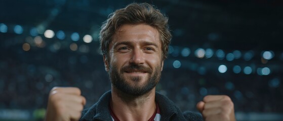 Ecstatic Football Fan Celebrating Victory at Night Stadium