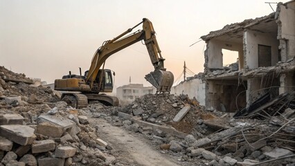 Fototapeta premium Heavy Excavator Clearing Concrete Rubble Post Disaster Rebuilding Hope Symbol Suitable for Humanitarian Recovery Reports