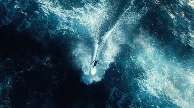 A stunning aerial shot of a surfer skillfully riding a powerful wave, contrasting deep blue water with frothy white surf, capturing the ocean’s energy, scale, and natural beauty.