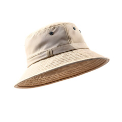 Beige bucket hat with a wide brim and ventilation eyelets.