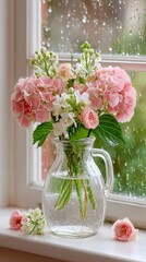 Rainy Day Hydrangeas  Pink Flowers in Glass Vase on Windowsill