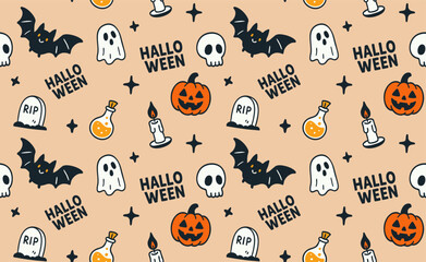 Happy Halloween Seamless Pattern with Pumpkin, Bat, Ghost, Skull Candle. Gravestone Potion Holiday Background. Cartoon October Horror Spooky Celebration fun spooky seamless vector with cute Halloween