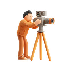 3D Cartoon Cameraman Filming Video Production.