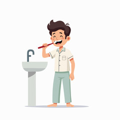 Flat vector man brushing teeth near sink in clean bathroom