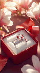 Exquisite ring nestled in a red gift box surrounded by magnolia blossoms