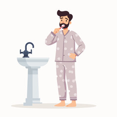 Bearded man in pajamas standing near sink flat vector style