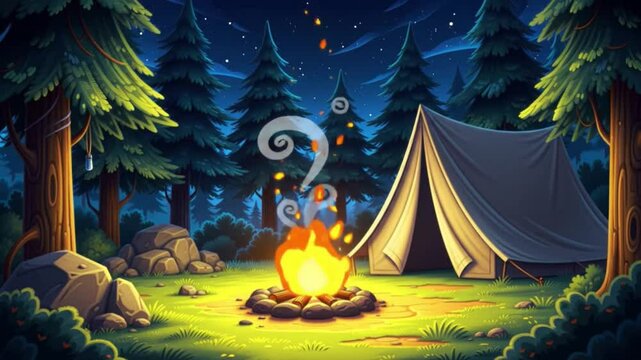 Night Camping Illustration in Pine Forest