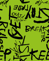 Abstract seamless chaotic pattern with urban graffiti words, scuffed and sprays. Grunge texture background. Wallpaper . Fashion sport style
