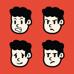 Cartoon boy facial expressions in flat vector style showing happy, sad, surprised, and cheerful emotions on red background. Editable character icons for various creative uses