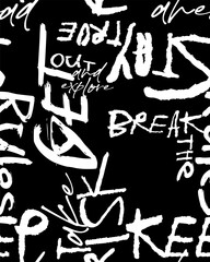 Abstract seamless chaotic pattern with urban graffiti words, scuffed and sprays. Grunge texture background. Wallpaper . Fashion sport style