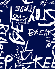 Abstract seamless chaotic pattern with urban graffiti words, scuffed and sprays. Grunge texture background. Wallpaper . Fashion sport style