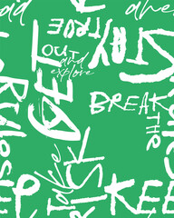 Abstract seamless chaotic pattern with urban graffiti words, scuffed and sprays. Grunge texture background. Wallpaper . Fashion sport style