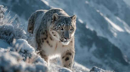 Obraz premium Majestic Snow Leopard Walking Through Snowy Mountains Winter Wildlife Scene