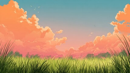 Obraz premium Nature background with green grass and colorful sky. Vector illustration.