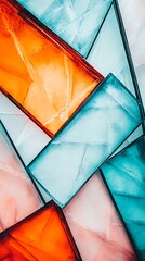 Abstract geometric design with overlapping colorful glass rectangles in orange, blue, and pink hues.