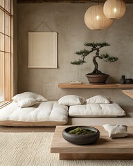 Nordic-Japandi blend studio featuring a low modular sofa, bonsai centerpiece, and floating wood shelves Muted Minimal Harmony Living Natural Form Japandi Aesthetic
