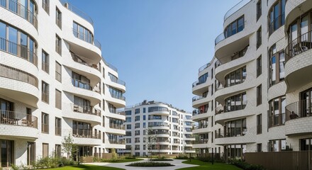 Modern White Brick Apartment Complex with Curved Balconies and Lush Green Courtyard