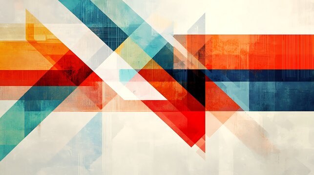 A colorful abstract geometric composition featuring overlapping transparent rectangles and lines in red, orange, blue, and teal tones.