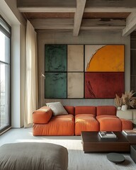 Berlin eclectic Bauhaus flat styled with retro modular sofas, Bauhaus color blocks, and clean ceiling beams Modernist Function-Focused Interiors German Eclectic Studio Living