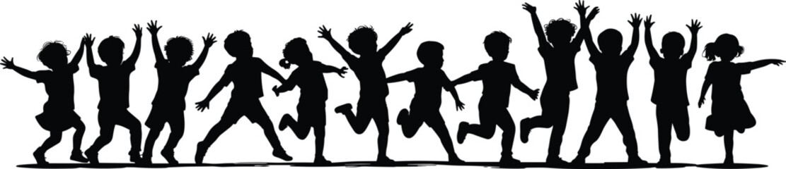 Vector silhouette of happy children jumping, running, playing together, childhood fun, energy, outdoor activity