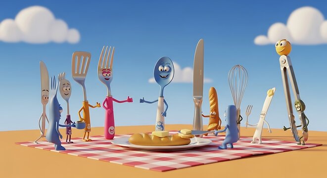 Animated Kitchen Utensils Having a Picnic with Loaf and Butter