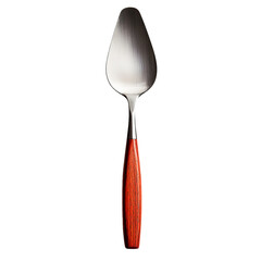 Stainless steel cake server with a dark red wooden handle, isolated on transparent background, vertical studio shot