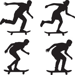 Four black silhouettes of people skateboarding on a white background in various action poses and styles