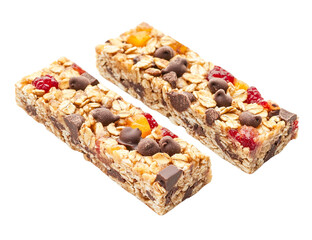 Two delicious granola bars with chocolate chips, dried fruit, and a transparent background