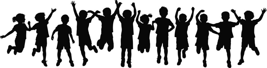 Vector silhouette of kids jumping in joy, group of happy children, outdoor playtime, fun, motion, energy, black figures