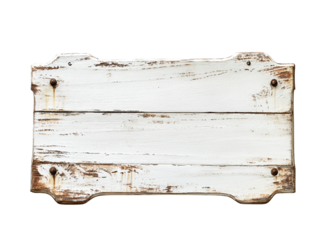Rustic white wooden sign with distressed paint and transparent background, ideal for text overlay, vintage design element, blank template, shabby chic style,