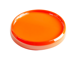 Round orange bowl with peach rim, filled with vibrant orange liquid, transparent background