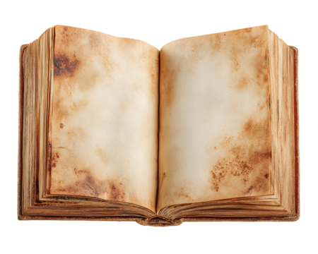 Aged Open Book with Yellowed Pages on Transparent Background, PNG