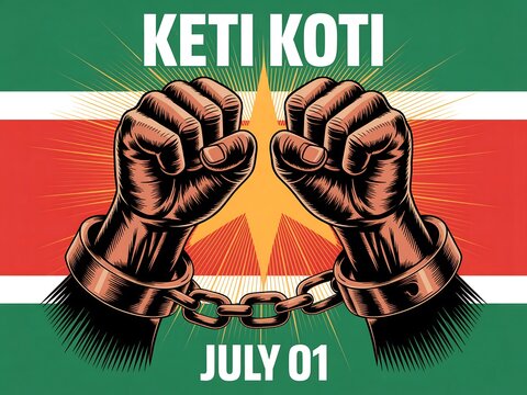 Keti Koti Day Illustration with Broken Chains and Suriname Flag Background