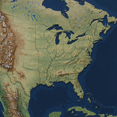 A 3D-rendered relief map of the United States showing realistic land elevation, with hills, mountains, and valleys in high detail, no text or borders